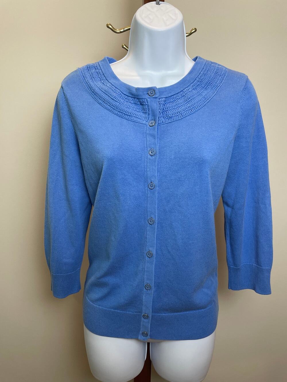 Talbots Blue Button Front Cardigan Size M Crochet Trim Cotton Blend